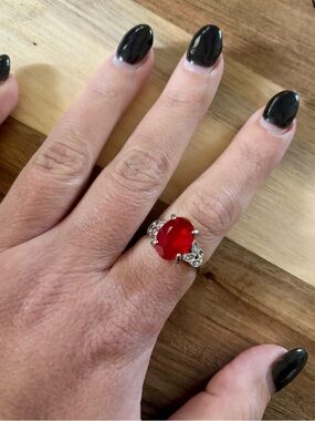 Vintage Style Red Statement Ring Size 9 Silver Tone Oval Gemstone Cocktail Ring